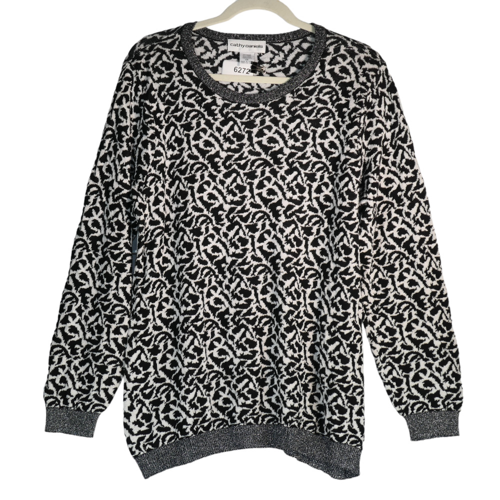 Cathy Daniels Sweater Women 2X Black White Metallic Chic Cozy Elegant Monochrome